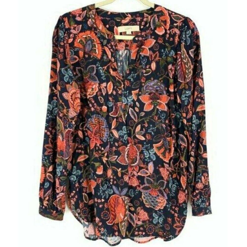 LOFT Blouse Woman Small Multicolor Floral V-Neck Rayon Bohemia Long Sleeve Tunic